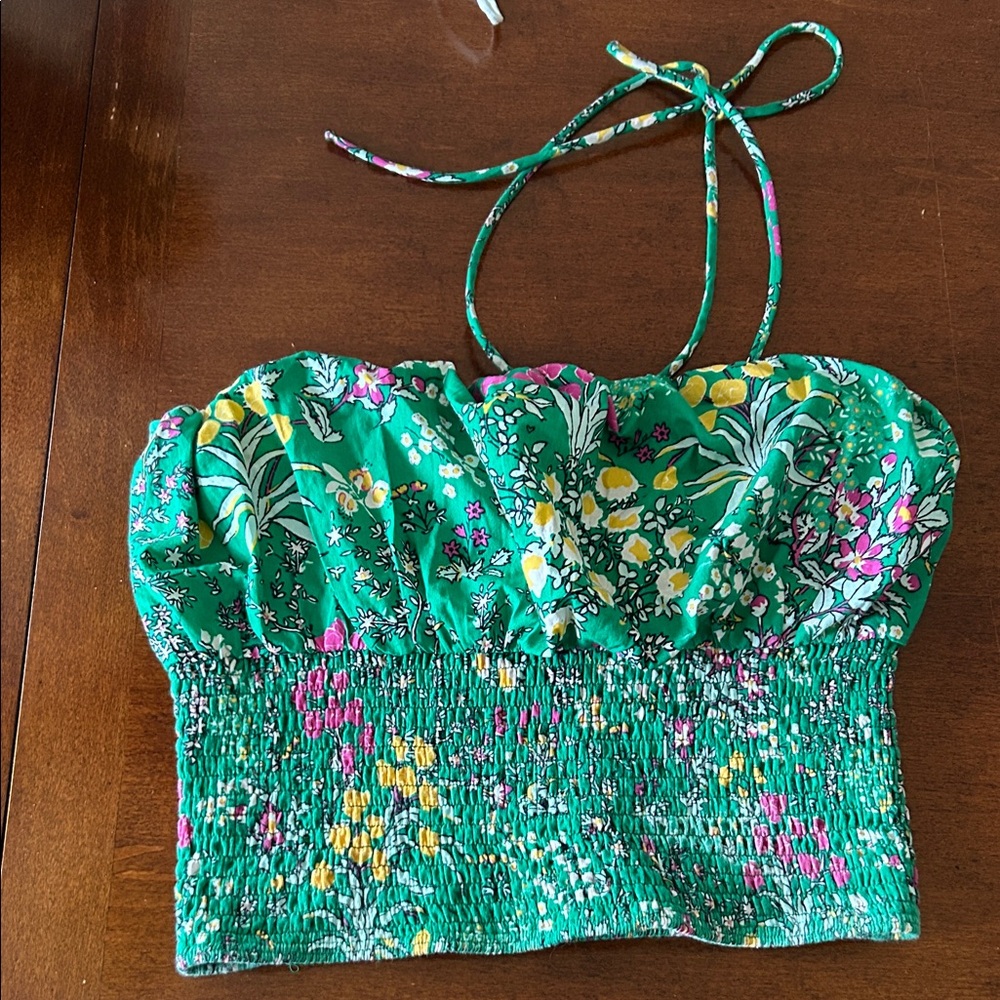 Anthropologie Green Floral Smocked Halter Camisole